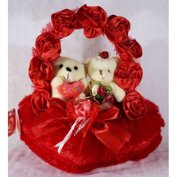 Red Satin Rose Handle Heart with Love Couple Teddy Bears